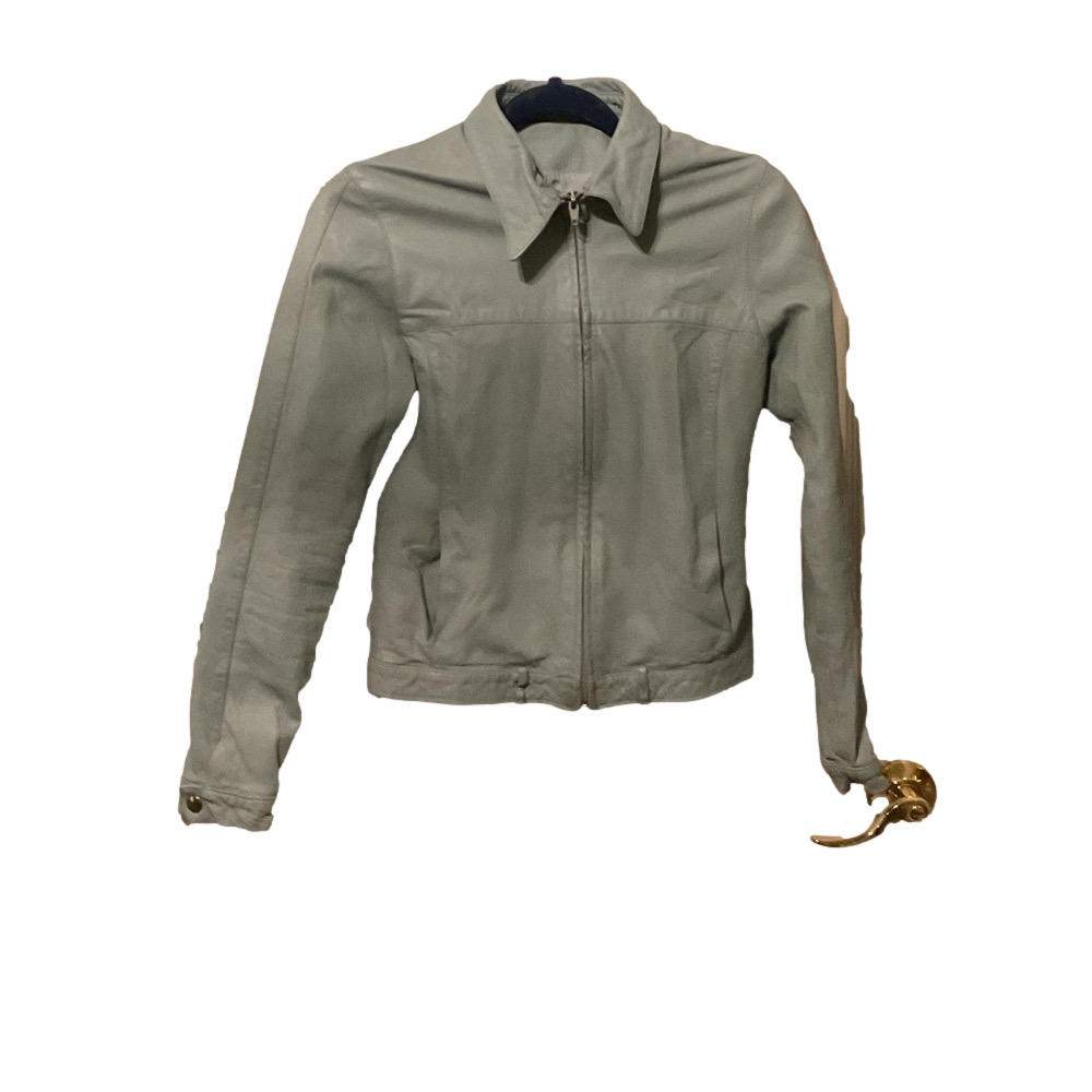 Women's Light Blue Leather Bomber Jacket. Vintage